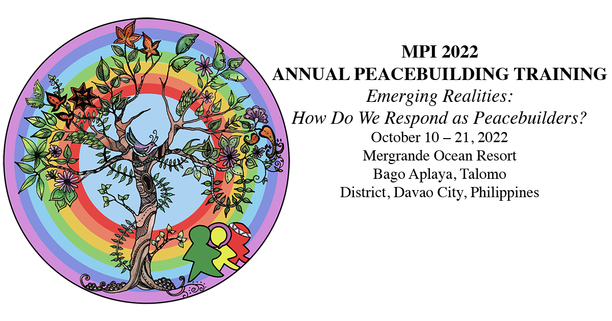 Rainbow mandala with tree graphic in the middle of the circles with a bird in the branches and three people characters on the side